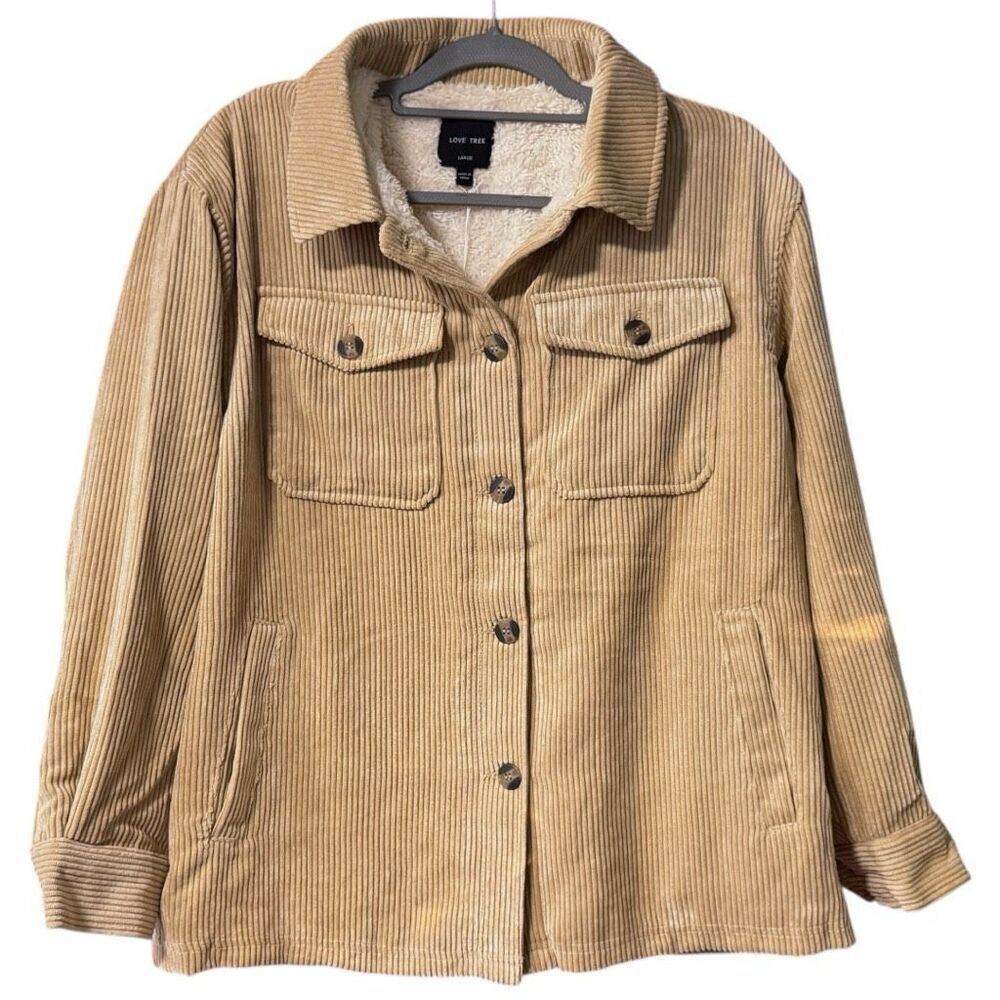 Tan Corduroy Button Up Jacket - Sherpa Lined Size Large NWT - Love Tree - Picture 4 of 13